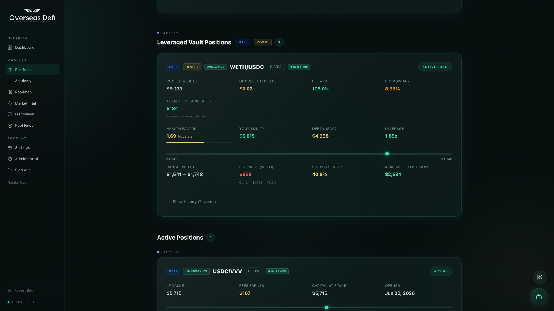 Liquidity pool positions — fees, health factor, leverage